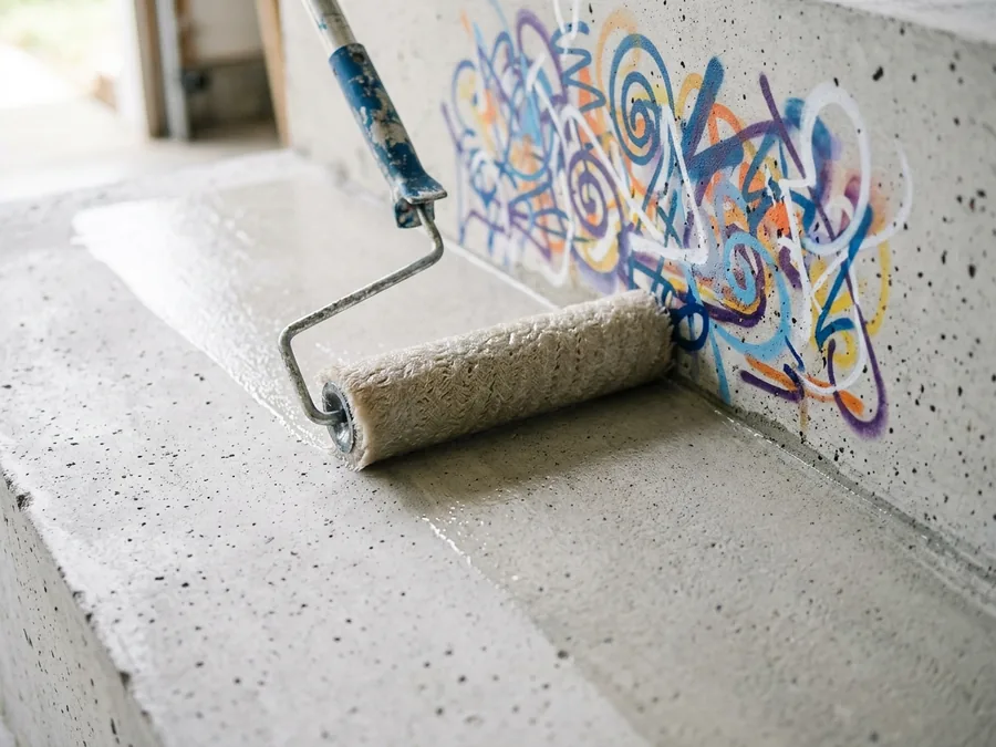 Anti-Graffiti-Beschichtung: Rolle trägt transparenten Schutzfilm auf eine Wand auf