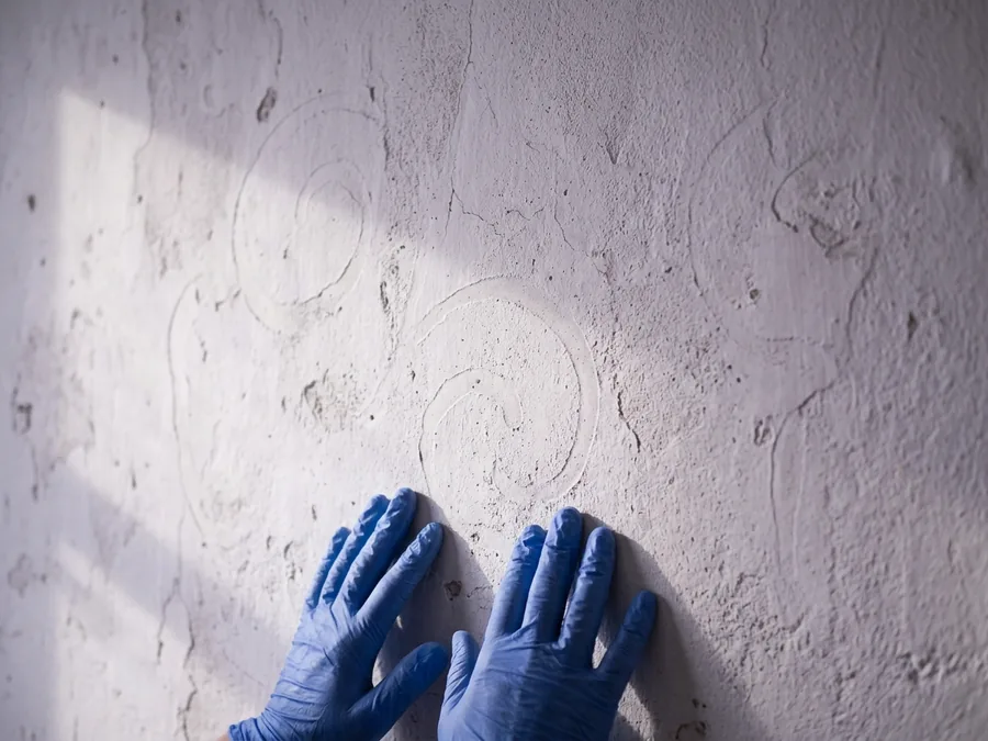 Graffiti-Schatten: blasser Umriss eines entfernten Graffitis auf hellem Putz