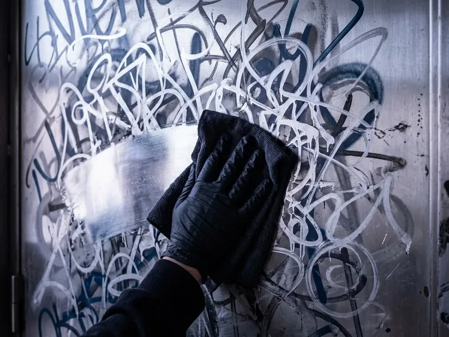 Graffitientfernung: bearbeitete Fläche an einem Gebäude