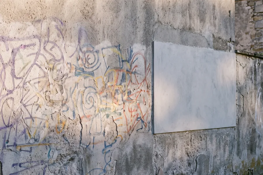 Heller Restschatten eines entfernten Graffitis auf einer verputzten Fassade