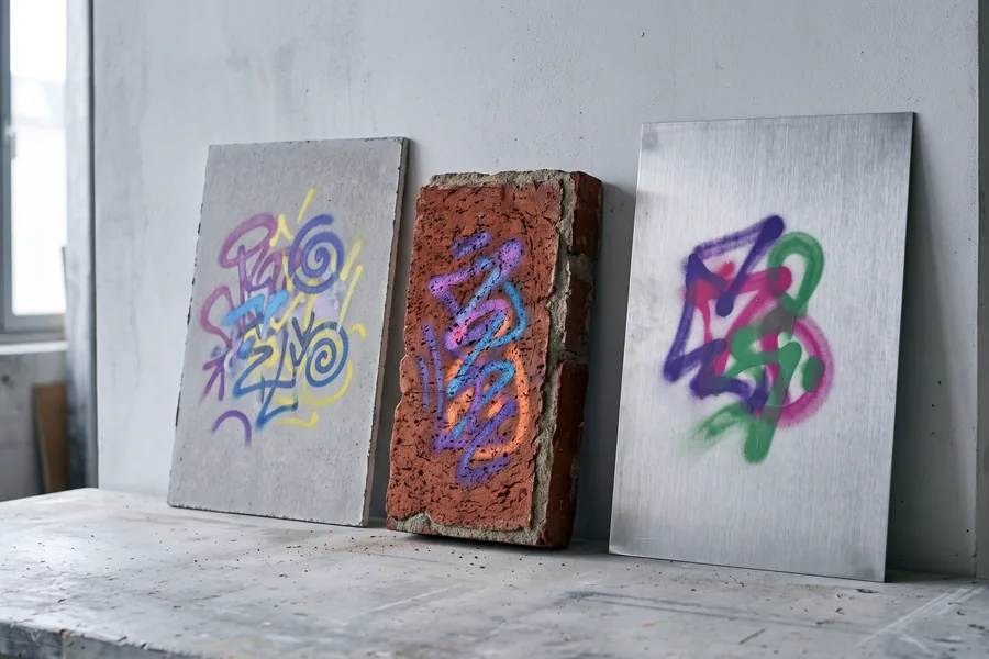 Drei besprühte Musterplatten aus Beton, Klinker und Metall an einer Wand